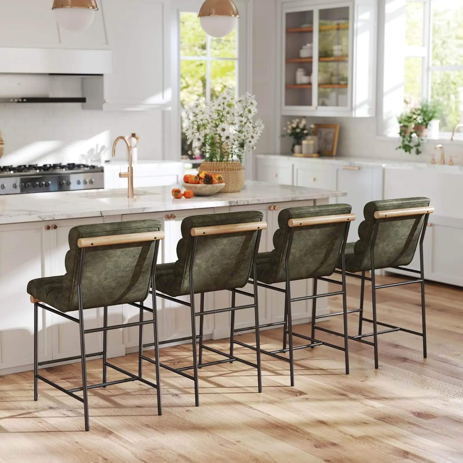 

25'' Counter Height Bar Stools Set of 4, Modern Green Bar Stools with Tufted Back/Black Metal Legs PU Leather Upholstered Counte