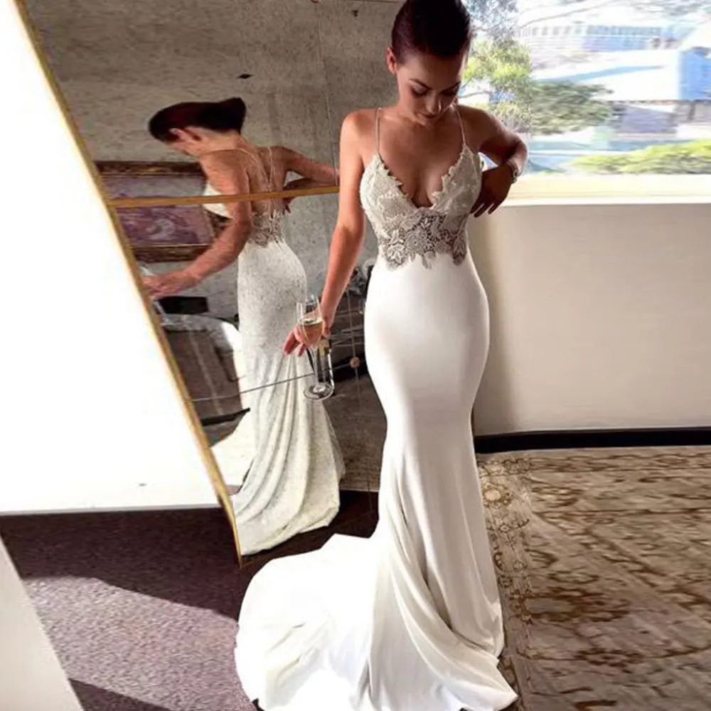 Customized Jersey Mermaid Wedding Dress Spaghetti Strap V-Neck Criss Cross Straps Covered Button Sleeveless Applique Sexy Vestid