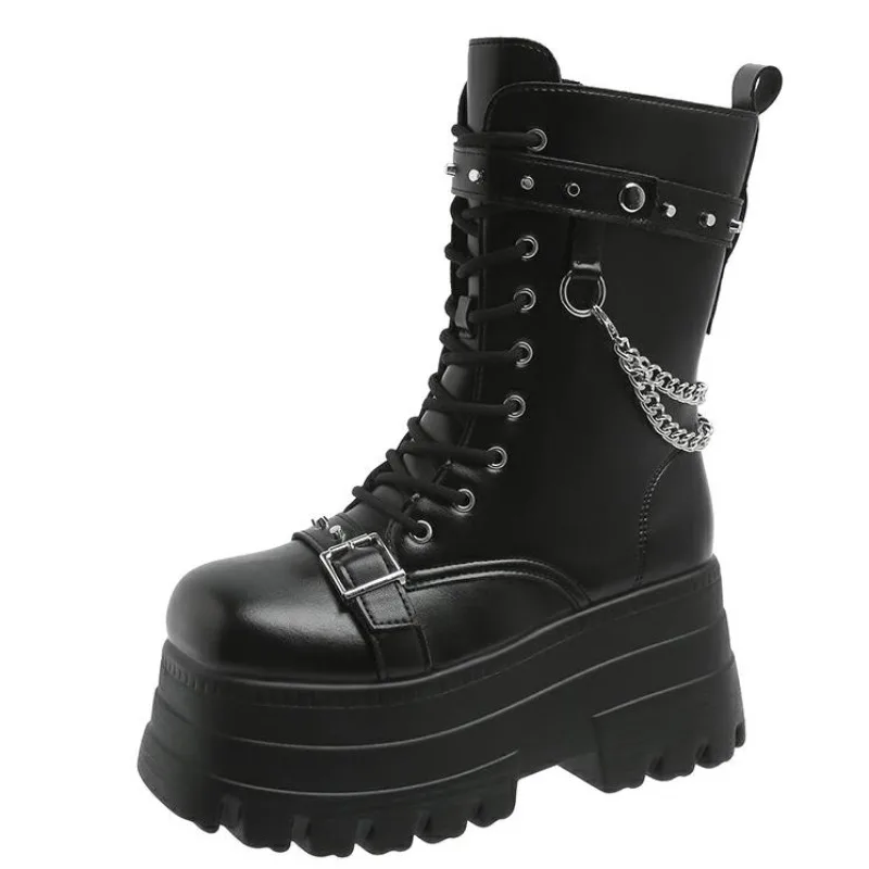 9.5cm plataforma alta botas góticas fivela outono inverno sapatos de couro punk rua cosplay meados de bezerro botas de corrente da motocicleta botas