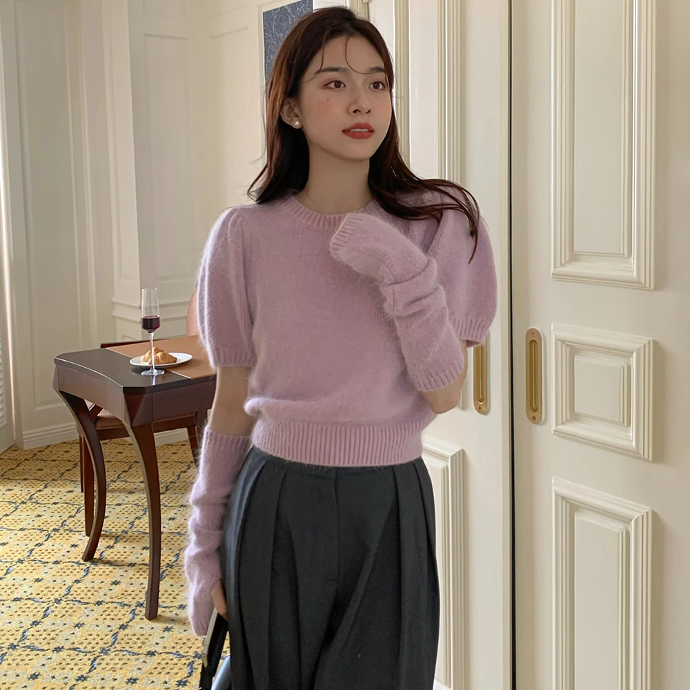 Women\'s Korean Chic Slim Knitted Pullover Sweater, Matcha Green Rabbit Velvet Short Jumpers, Female Round Collar Tops, Spring