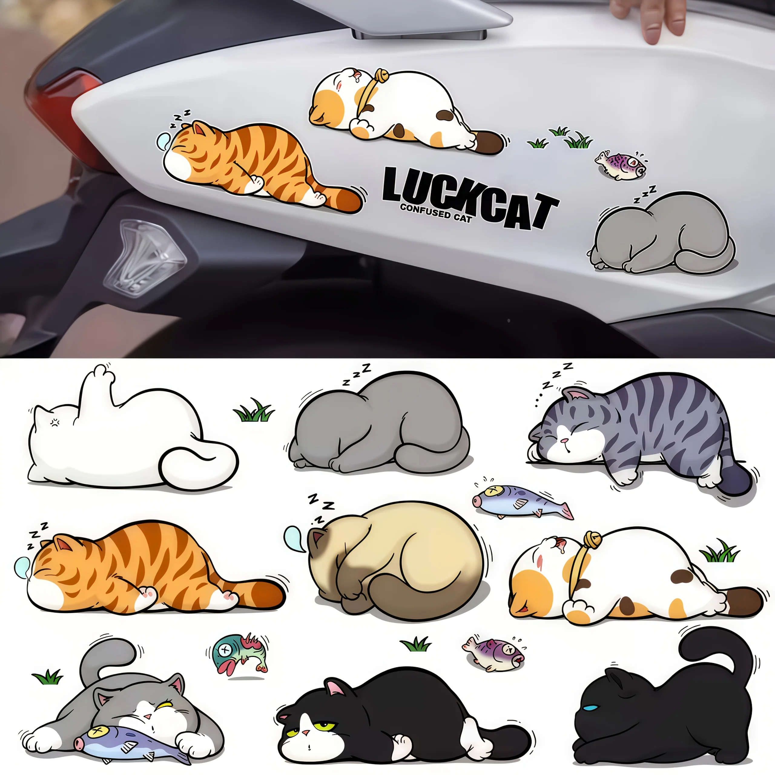

1SET Cute Sleeping Luck Cat Stickers Multi-Styles Adhesive Decals for Motorcycle Laptop Phone with Fish Grass