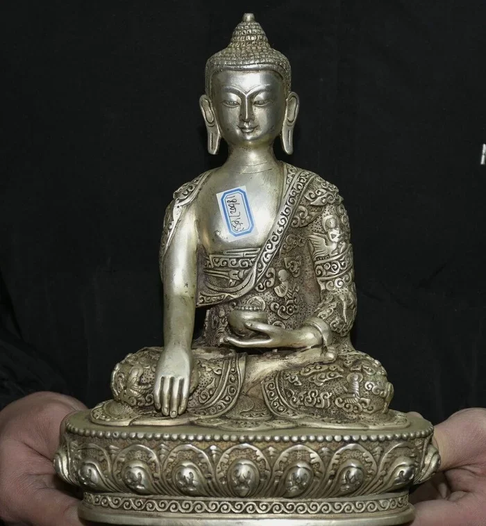 

8.8" Rare Old Chinese Buddhism Silver Sit Shakyamuni Amitabha Buddha Statue