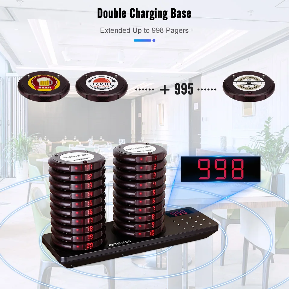 Retekess TD163 Restaurant pager calling system 20 coaster buzzers vibrator bell receivers beeper for food truck cafe bar hotel