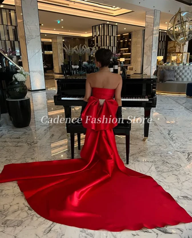 Personalizado lindo sem alças vermelho cetim sereia árabe vestidos de baile grande bowknot voltar dubai vestidos de noite formais vestidos de festa