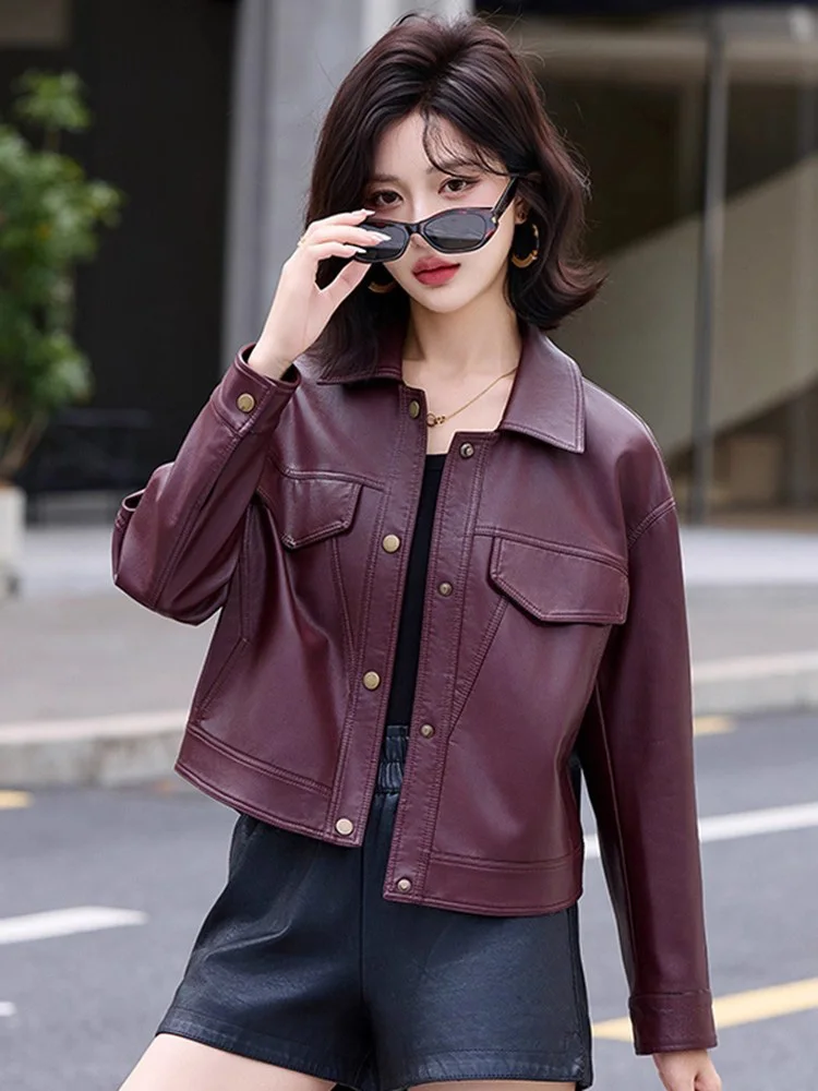 Nuovo Donne Primavera Autunno Pelle spaccata Giacca Moda Colletto risvoltato Monopetto Cappotto corto Casual Giacca di pelle Donna