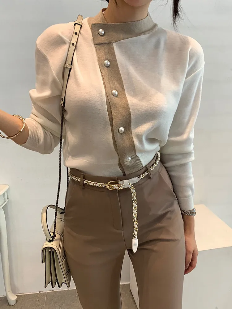 2024 New Fall Winter European Clothes Cardigan Knitted Sweater Oblique Single-breasted Button Up Women Long Sleeve Tops 47906