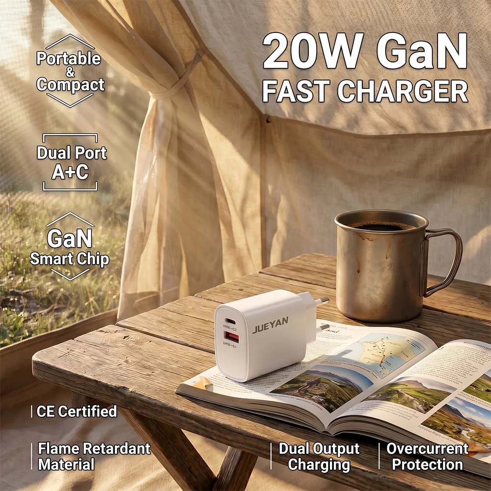 JUEYAN 38W European-Standard Dual-Port USB + Type-C GaN Chip Fast Phone Charger, Multi-Device Fast Charger