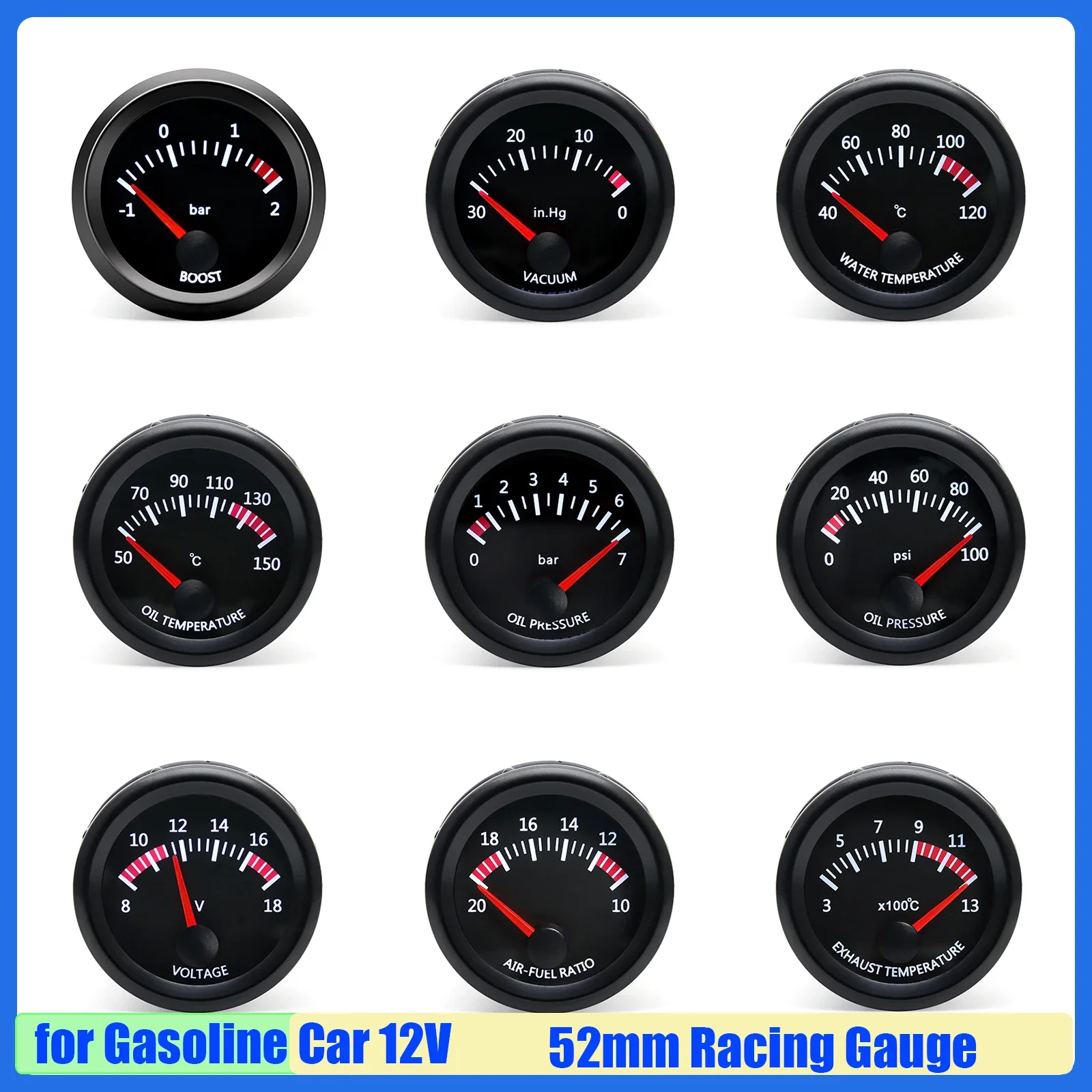 

MAIMEIMI Автомобильный 52 мм Датчик температуры воды/масла Turbo Boost Meter Давление масла BAR PSI Соотношение воздуха и топлива Ext Temp Вакуум 12 В