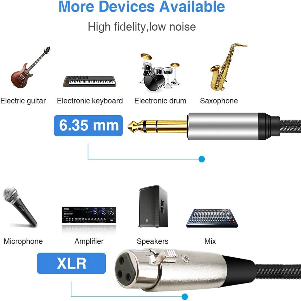 Cable de interconexión equilibrado 1/4 TRS 6,5 macho a XLR Cable trenzado de Audio XLR (3 pines) a 6,35mm para mezclador de altavoz de micrófono de