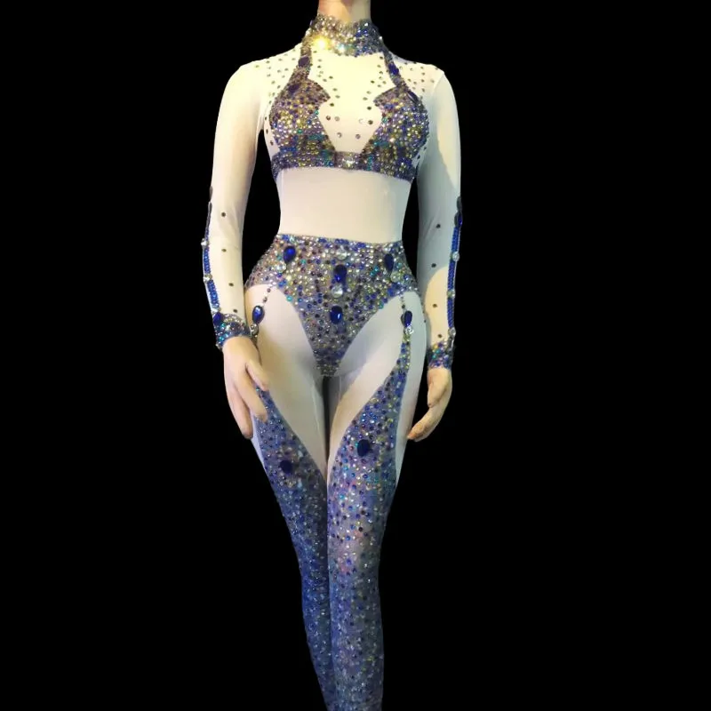 

Sexy Transparent Colorful Rhinestones Jumpsuit Stage Wear Nightclub Bar DJ Dancer Pole Dance Leotard Performance Costume