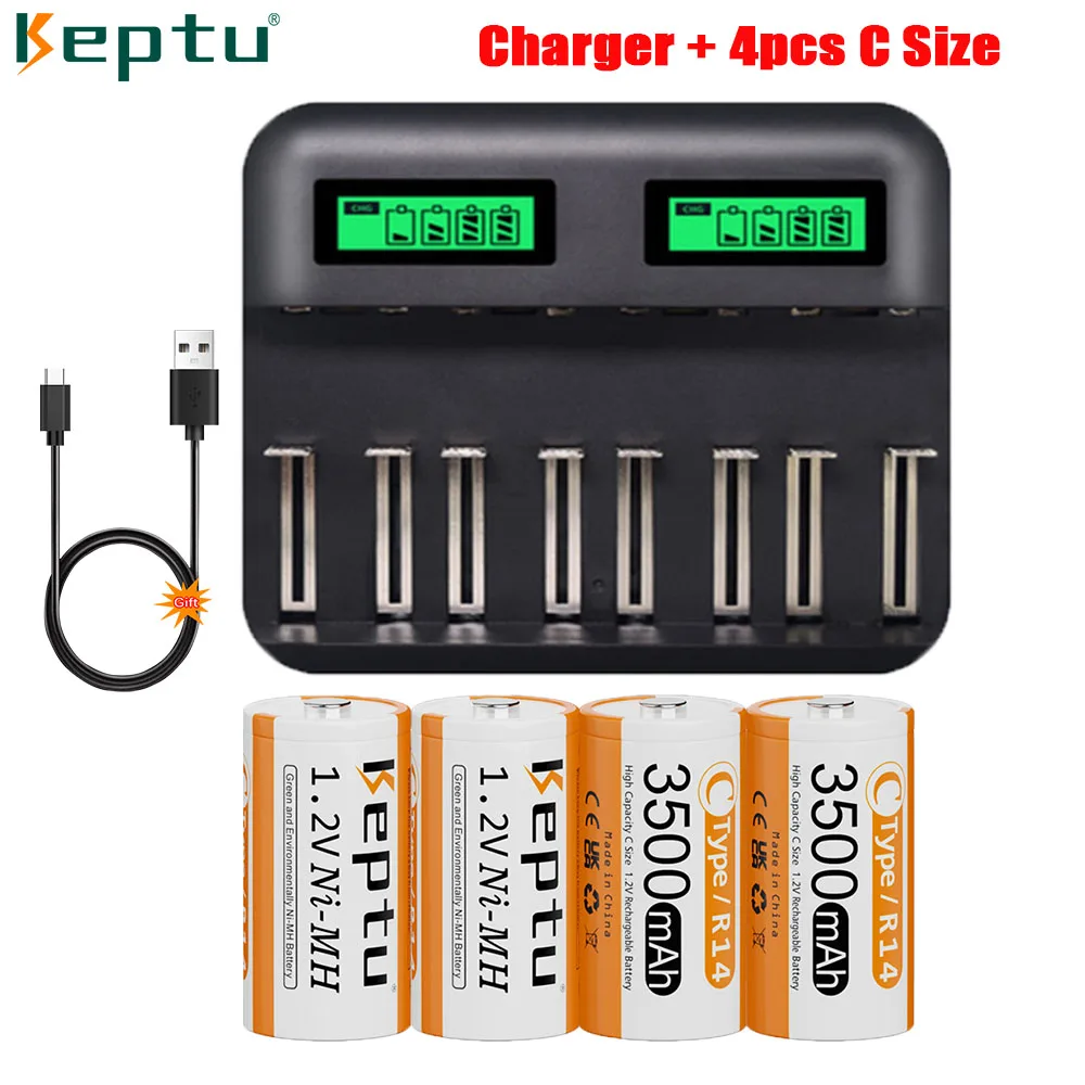 KEPTU C Size NI-MH R14 Rechargeable C Battery LR14 3500mAh 1.2V C Batteries for Gas Cooker Flashlight and LCD AA/AAA/C/D Charger