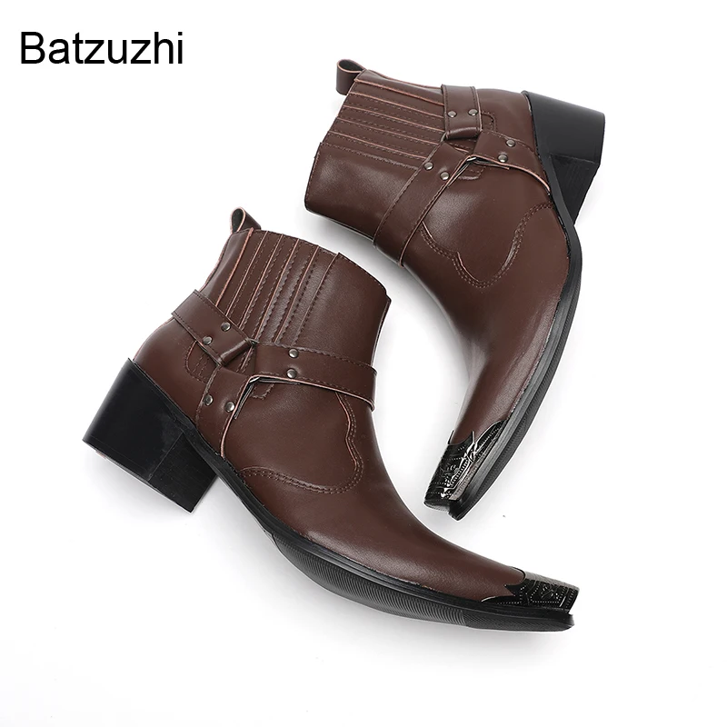 

Batzuzhi Luxury Handmade Men's Boots Shoes Pointed Toe 6.5cm High Heels Brown Genuine Leather Ankle Boots Man Formal Business!