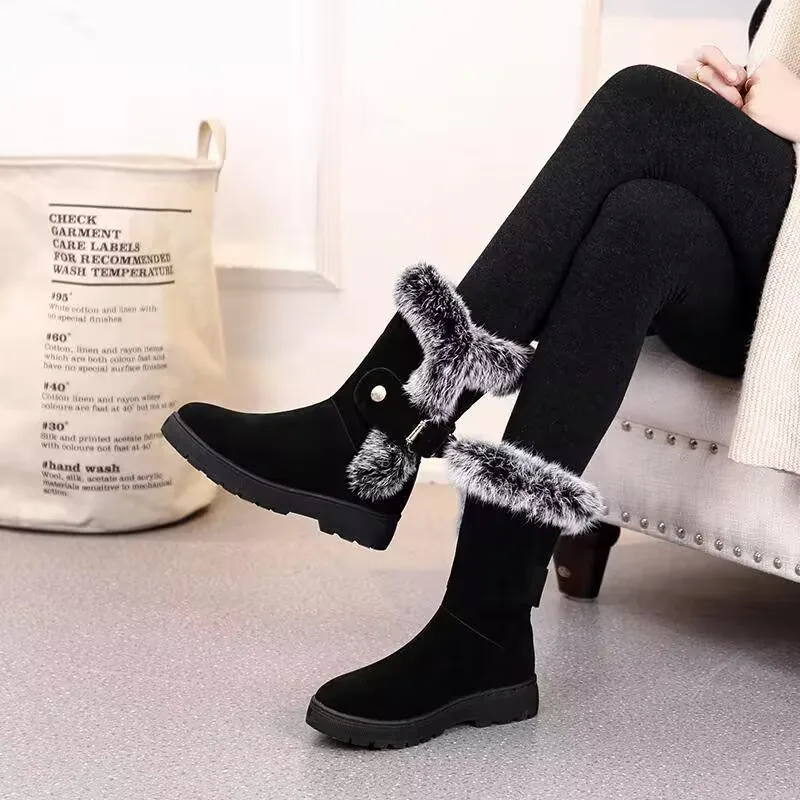 

2025 Winter Fashion Rabbit Hair Boots High Quality Thick Sole Plus Cashmere Comfortable Warm Beautiful Women's Cotton Shoes