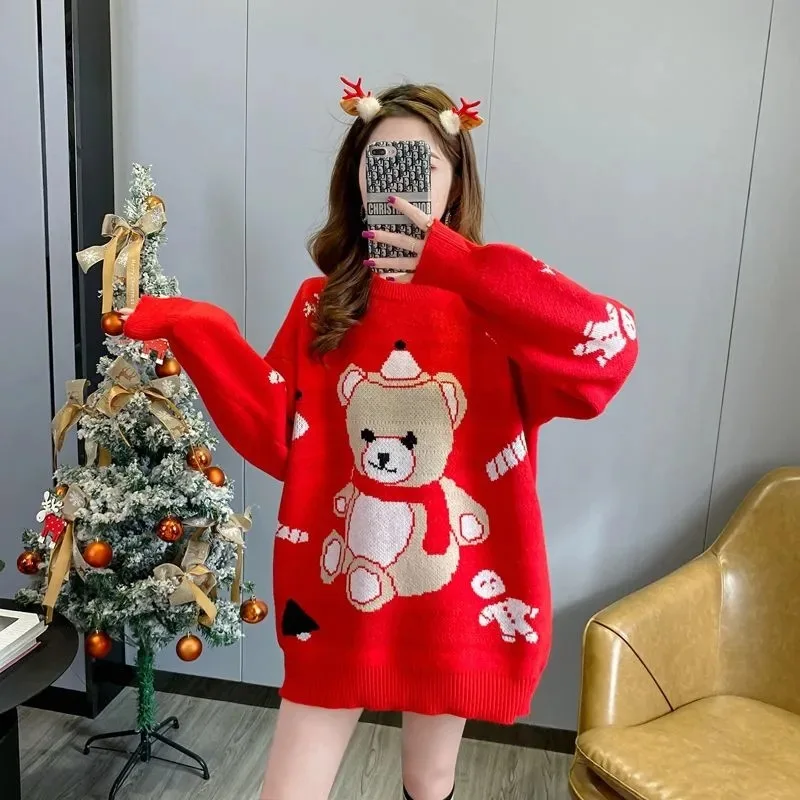 

Корейская версия свободного кроя и утягивающего рождественского милого повседневного универсального вязаного свитера с плюшевым мишкой