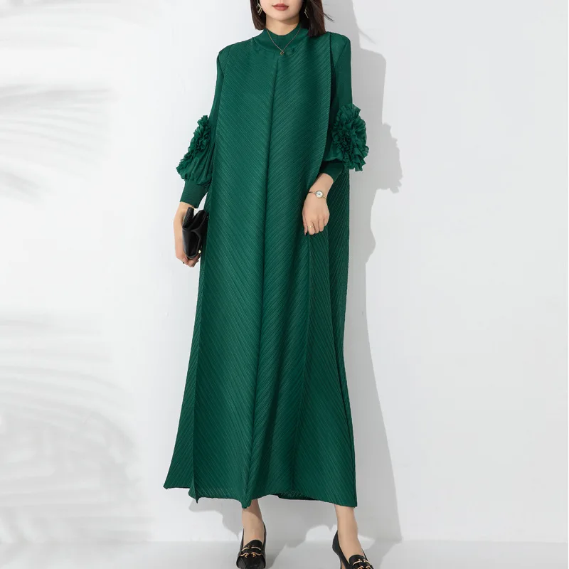 

Miyake Oversize Pleated Dress Round Neck Spliced Fungus Full Sleeve Long Dresses for Women 2023 New Spring Ankle Length Skirt