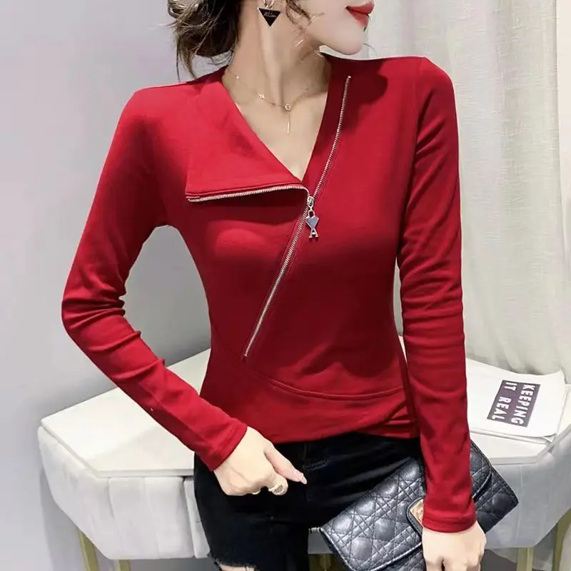 Autumn and Winter Women's Pullover V-neck Patchwork Zipper Solid Slim Bottom Fashion Casual Elegant Commuter Long Sleeve Tops