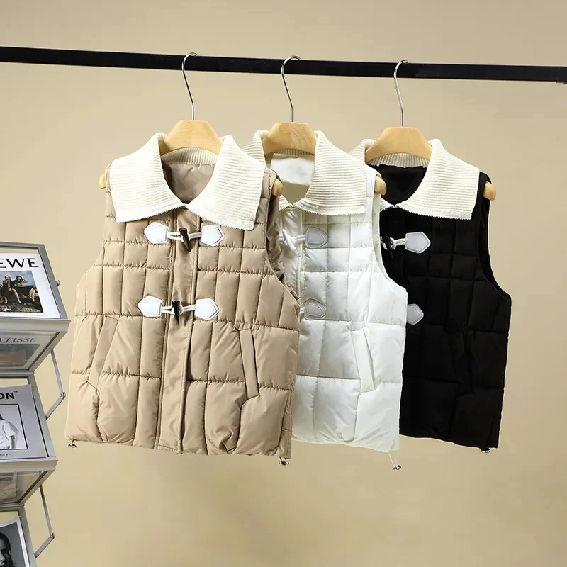 Autumn Winter Short Vest Jacket Women New Loose Lapel Vests Coat Fashion Horn Button Top Outerwear Pure Colour Waistcoat Female