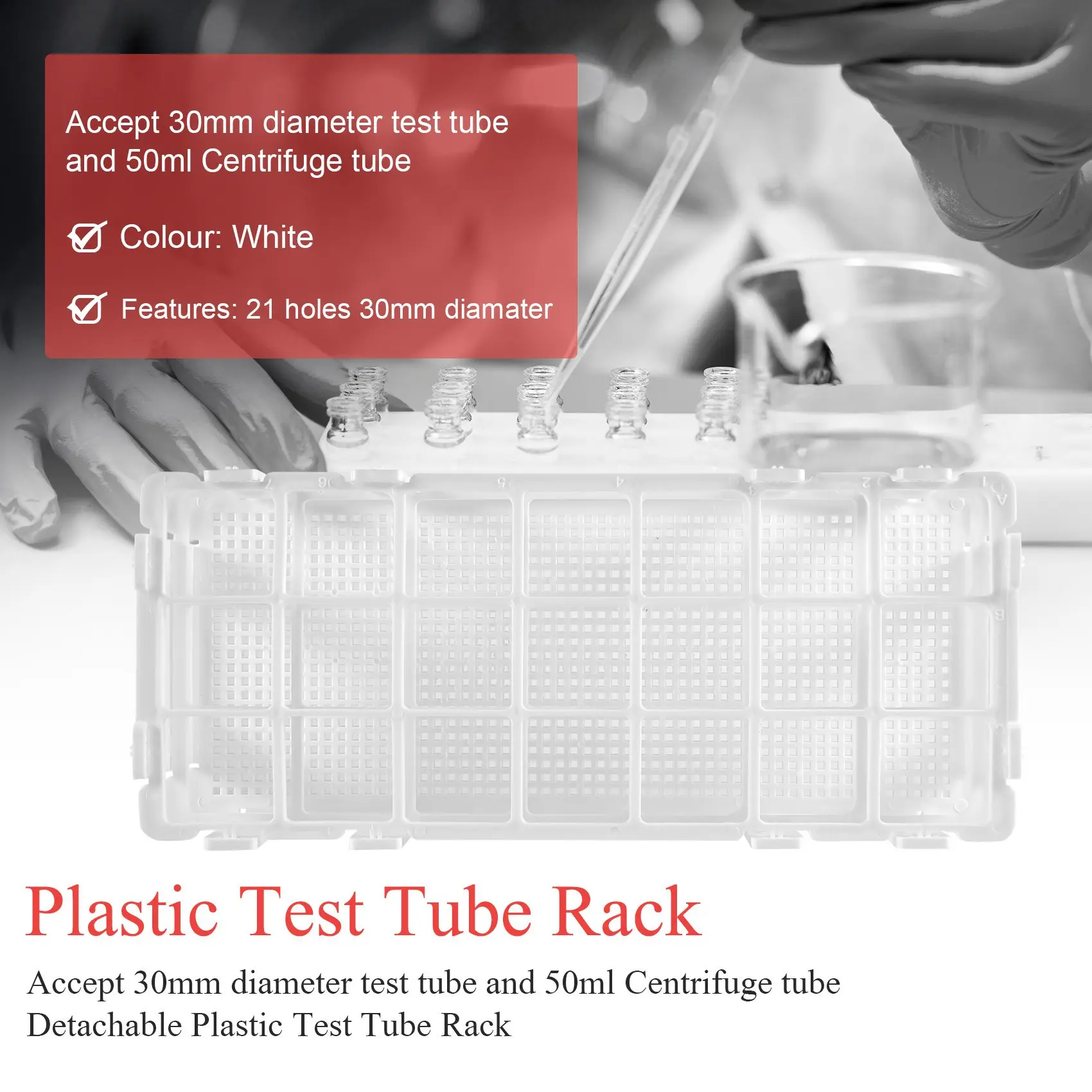 Plastic Test Tube Rack for 30mm Tube, 21 Well, White,Detachable (21 Hole)