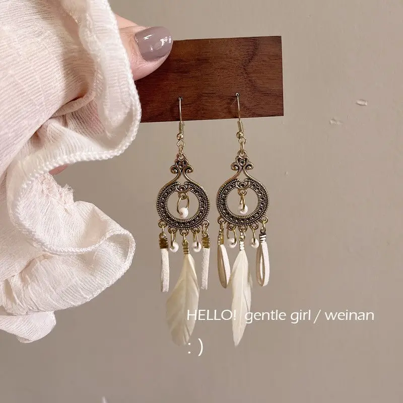 Bohemian Long Feather Earrings Women S925 Silver Summer Retro Ethnic Temperament Gold Color Chain Tassel Drop Dangle Earrings