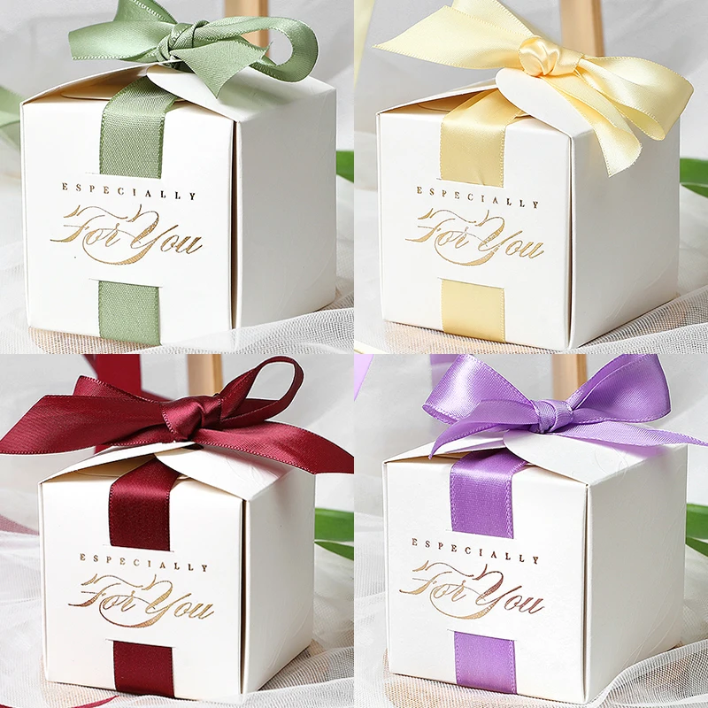 10pcs Wedding Favors Gift Box With Ribbon Square Candy Chocolates Packaging Paper Box For Guest Birthday Party Decor Baby Shower