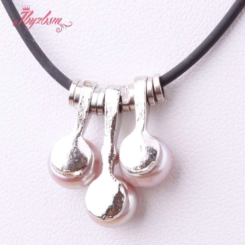 Natural 3 Pc Freshwater Pearl Round Stone Beads Silver Plated Pendant Leather Necklace For Women Christmas New Year Gift 17\