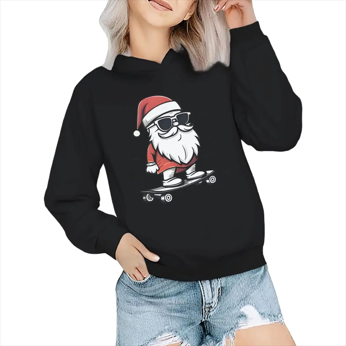 Boys Santa Claus Skateboard Graphic Sweatshirt Hoodie Festive Holiday Outfits Gifts Clothes Christmas Santa Skateboard Hoodies