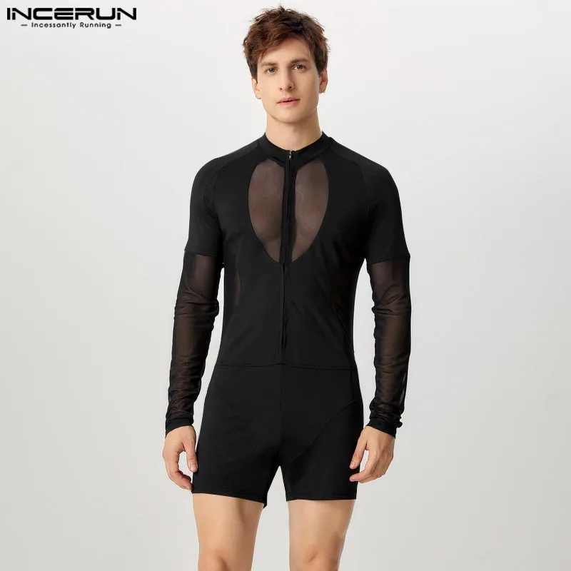 INCERUN Men Casual Long Sleeve Bodysuits 2024 Handsome Hollow Out Design Onesies Mesh Solicing Sexy Comfortable Loungewear