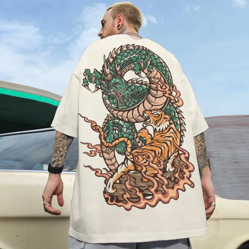 Fashion Casual Short Sleeve T-shirts For Men 3d Japanese Dragon Print Male Clothing Oversized T-shirt Street Harajuku Tops Daily