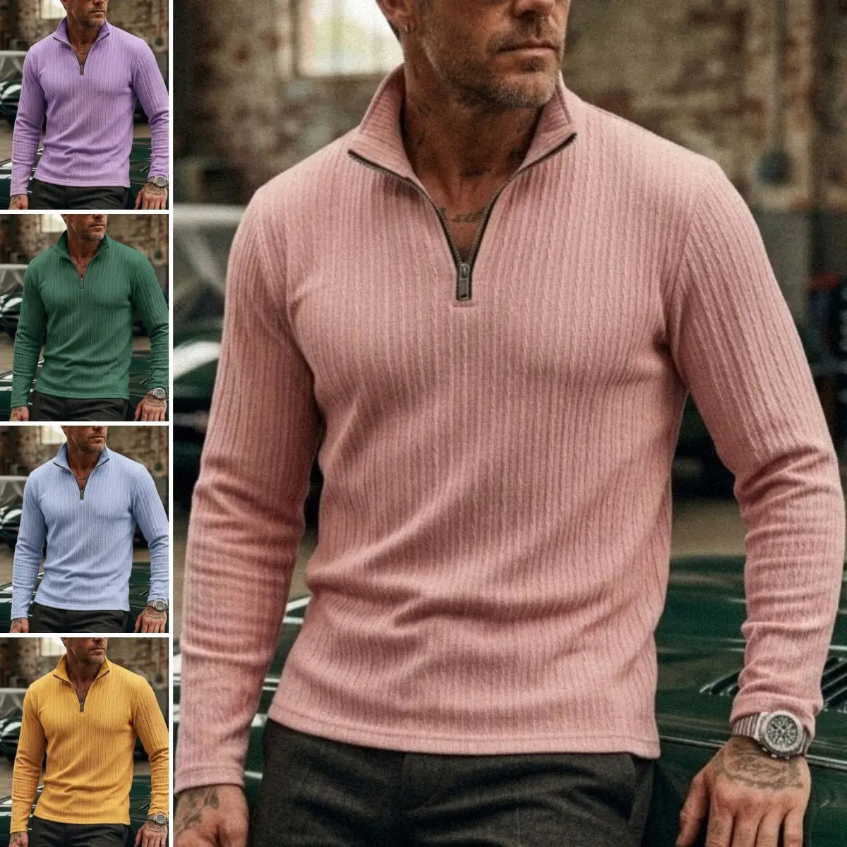

New European And American Long-Sleeve Polo For Men, Casual Style Knitwear, Jacquard Shirt With 1/4 Zipper, Striped