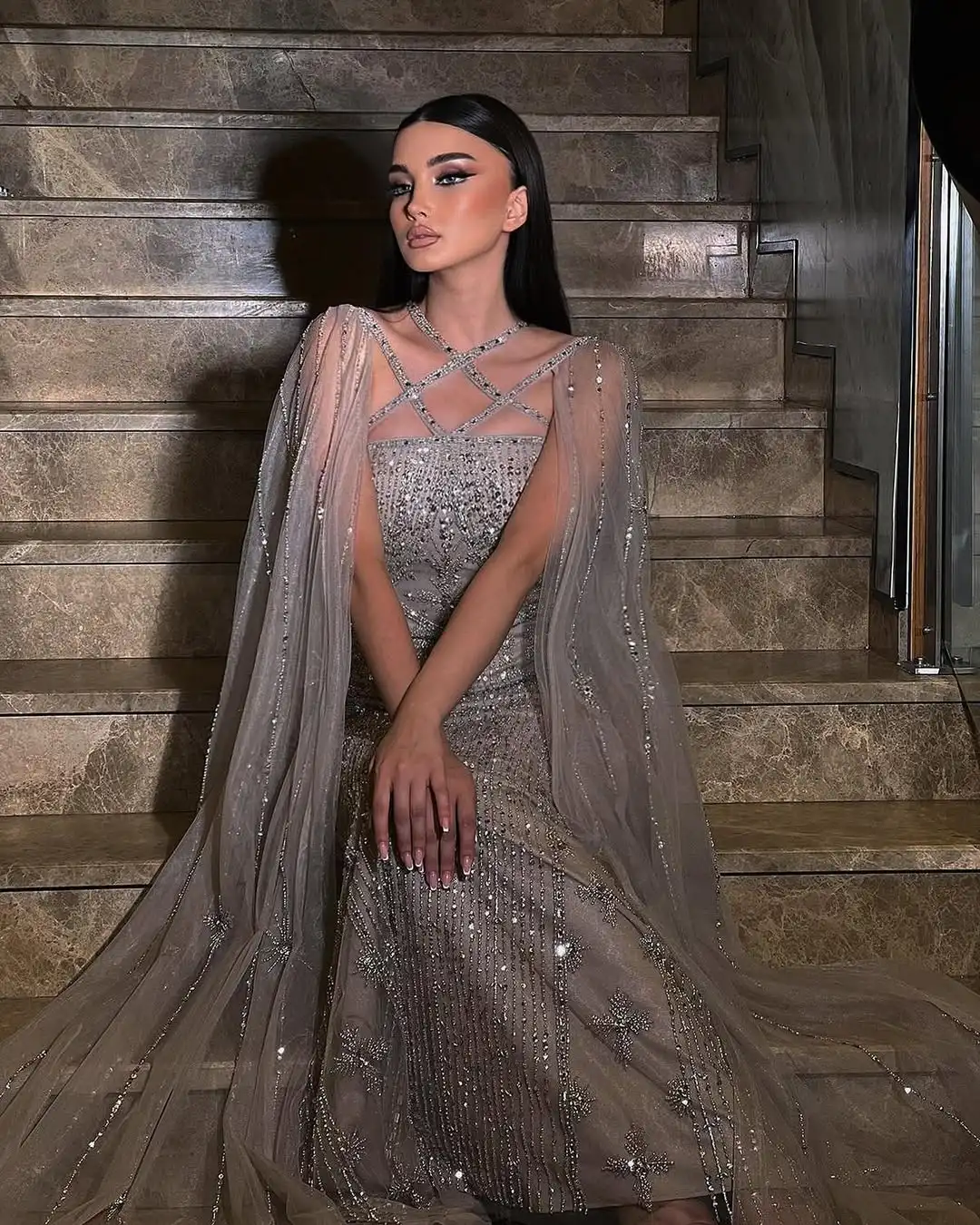 

Ofherown Customized Arabic Luxury Beaded Mermaid Evening Dress Cape Sleeves 2026 Women Wedding Party Gowns Robes De Soiree