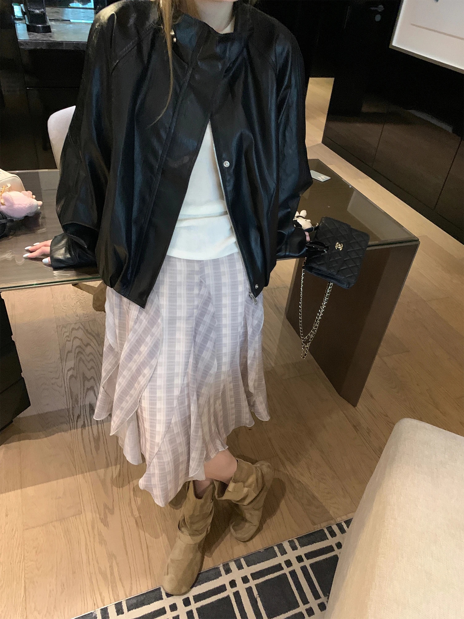 Cool Loose Bla Rose Bar Flower Bud Women's Jaet Leather Coat Sli Commute Wind Resistant ort Sve Long Coat