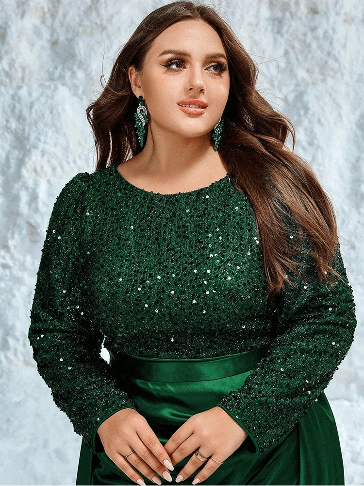 Plus Size Round Neck Long Sleeve Green Satin Long Sleeve Shiny Evening Dress 4XL 5XL Big Size Shiny Evening Dress