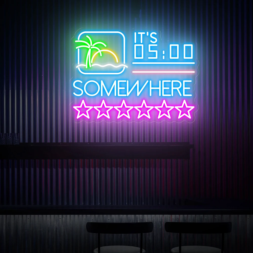 It's 5:00 Somewhere Neon Sign Tiki Bar Logo Neon Signs Cocktail Bar Decor Custom LED Neon Lights Wall Art Personalize Gifts