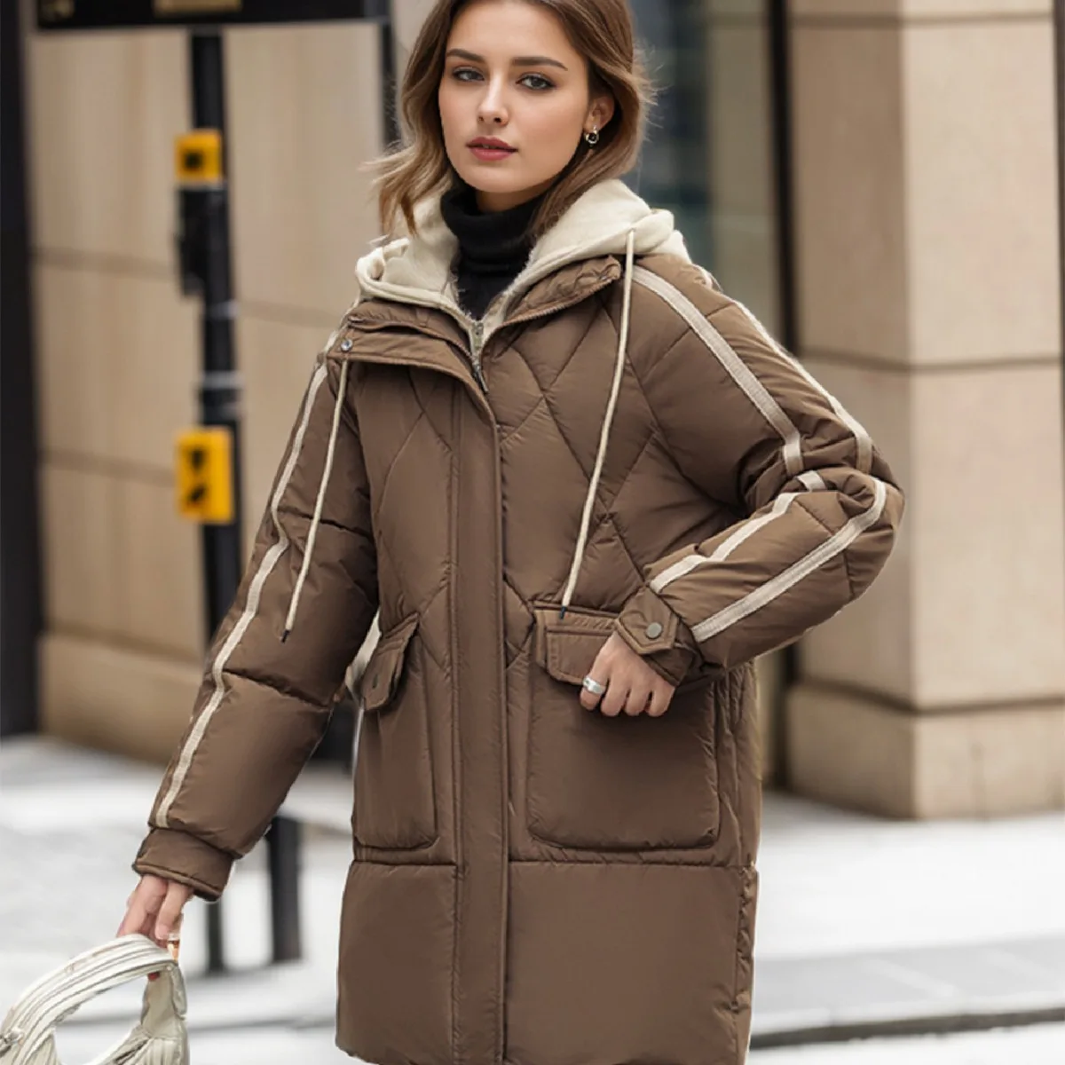 Winter Coats Woman 2024 Women\'s Cotton Jacket Hooded Contrast Thicken Warm Parkas Coats Female 2 Pocket  Casual Padded Jacket