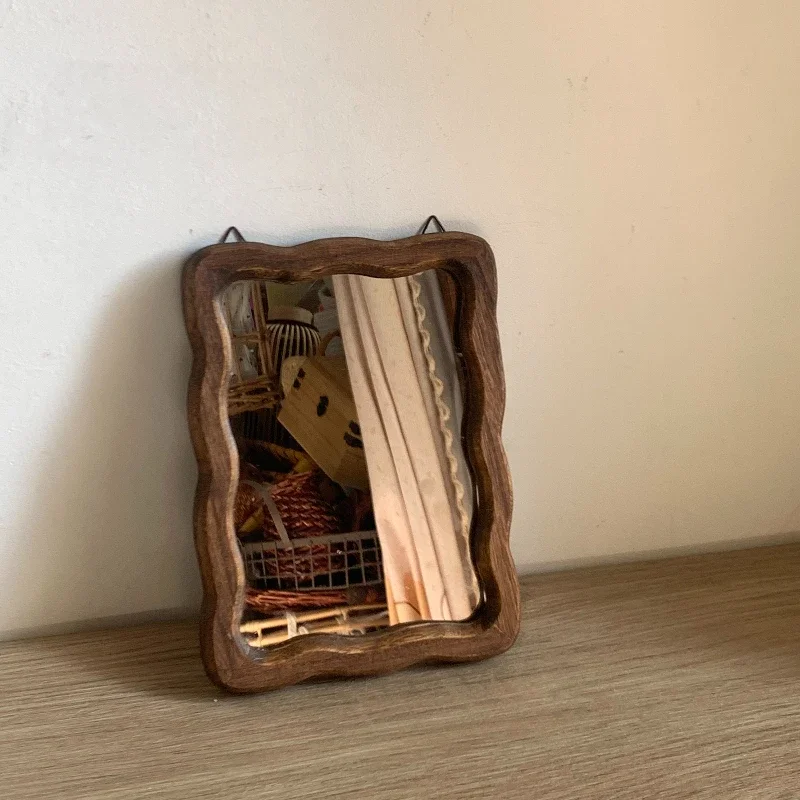 Medieval Wood Makeup Mirror Wall-mounted Bathroom Mirror Bedroom Dressing Mirror Living Room Decorative