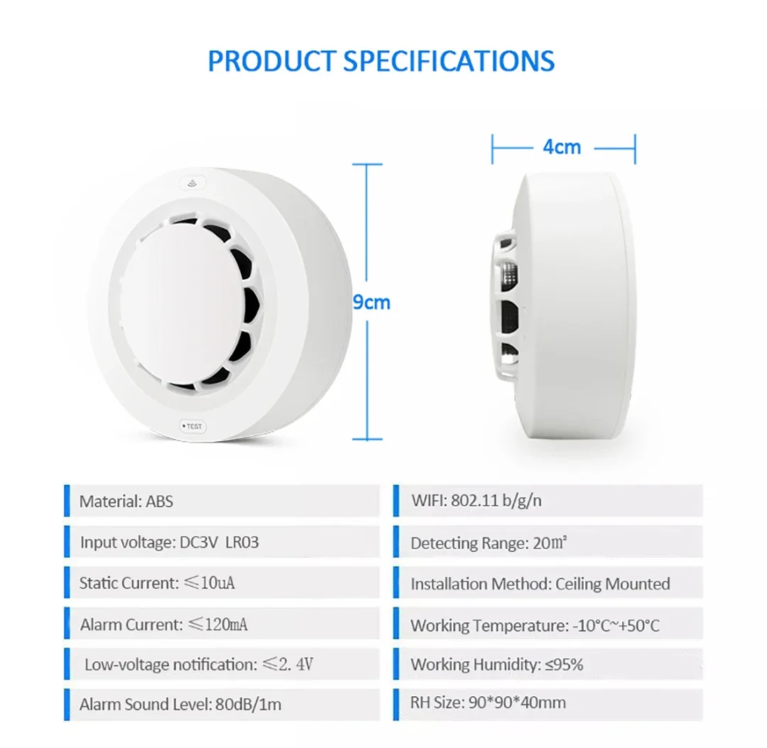 ONENUO Tuya WiFi Smoke Detector Photoelectric Sensor Fire Alarm Home Kitchen Security System Work With Smart Life APP