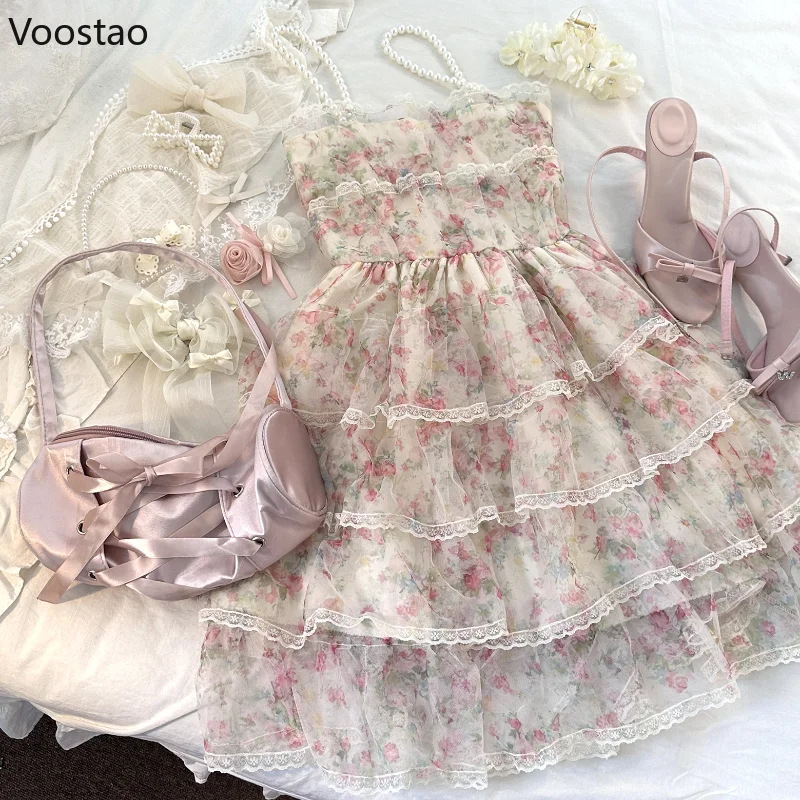 

Sweet Elegant Lace Ruffles Lolita Mini Dress Women Kawaii Floral Print Princess Strap Dresses Korean Girls Beach Fairy Dress