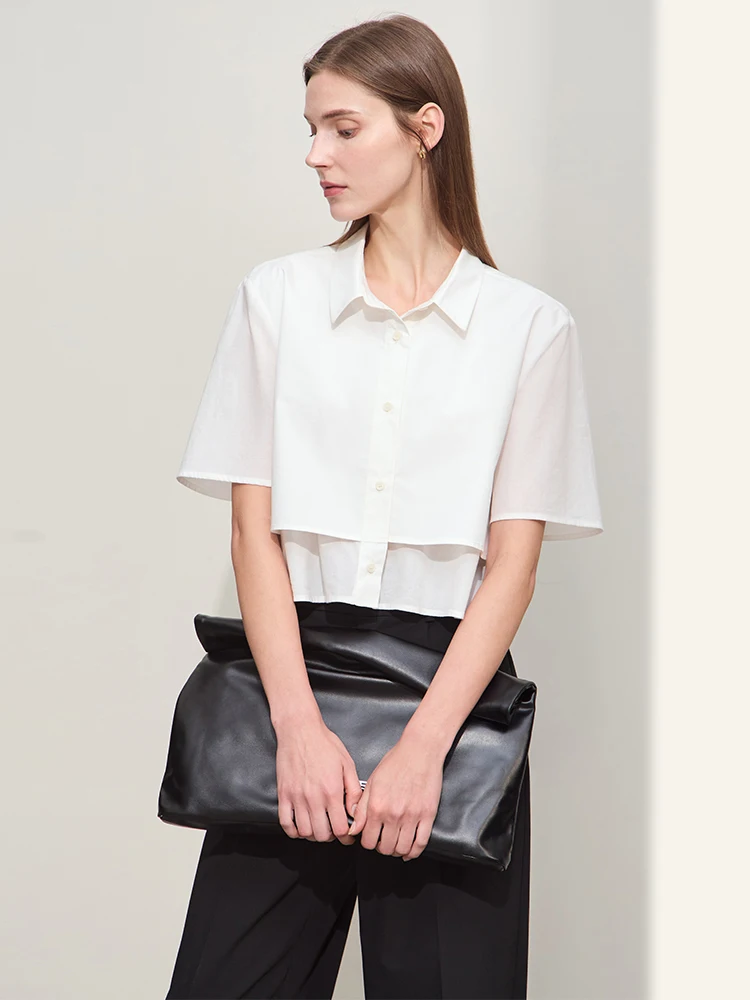 Amii Minimalism 2024 Summer New Cotton Shirts For Women Commuter Lapel Female Short Sleeve Short Loose Spliced Blouses 12442045