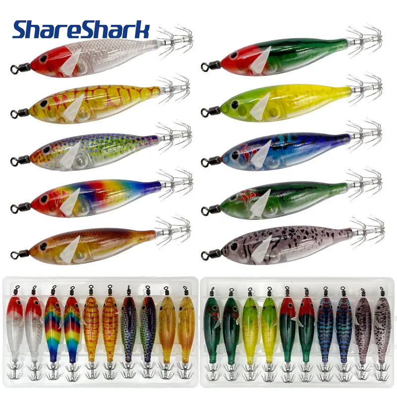 ShareShark 10 Stück/Box 8cm/5,7g Garnelen-Angelköder Leuchtende Tintenfisch-Jigs Haken Meeresangel-Zubehör Künstlicher Köder Oktopus-Köder