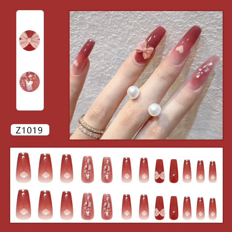 24個入り レッドグラデーションボウプレスオンネイル ハートプリント マニキュア装着可能ネイル 女性と女の子用 付け爪