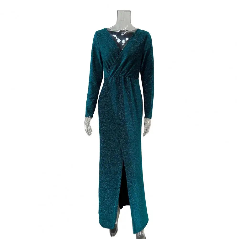 Sukienka z rozcięciem Elegancka sukienka maxi z cekinami dla kobiet z długim rękawem i dekoltem w szpic z gumką na wesele