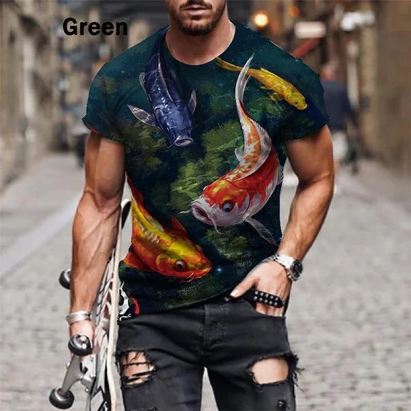 2023 New Fashion Men \'s Personality T Shirt Summer 3D Printed Koi Fish Print Polyester Short Sleeve T-Shirts