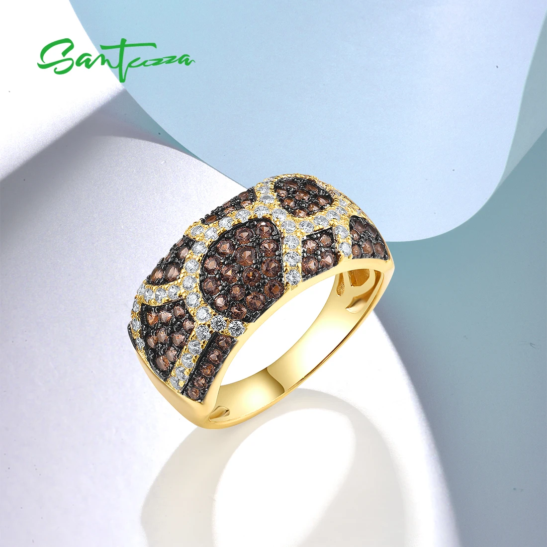 SANTUZZA Genuine 925 Sterling Silver Rings For Women Sparkling Brown Spinel White CZ Leopard Print Elegant Gift Fine Jewelry