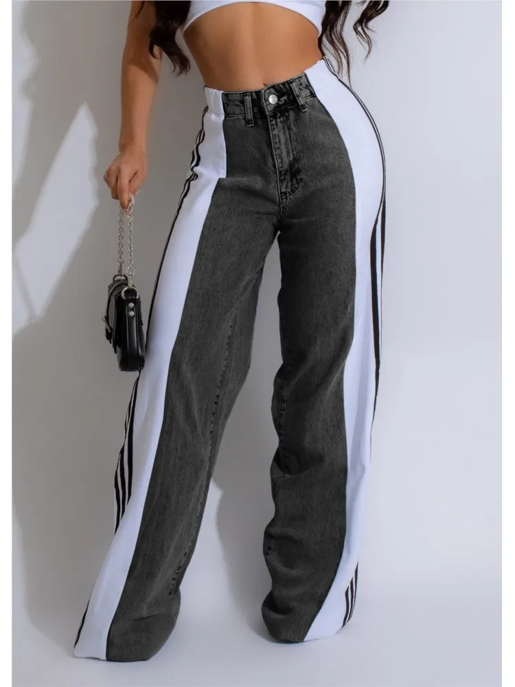 Splicing Three Stripes Summer Fashion Wide Leg Denim Pants Women's New Casual High Waist Elastic Straight Leg Pants