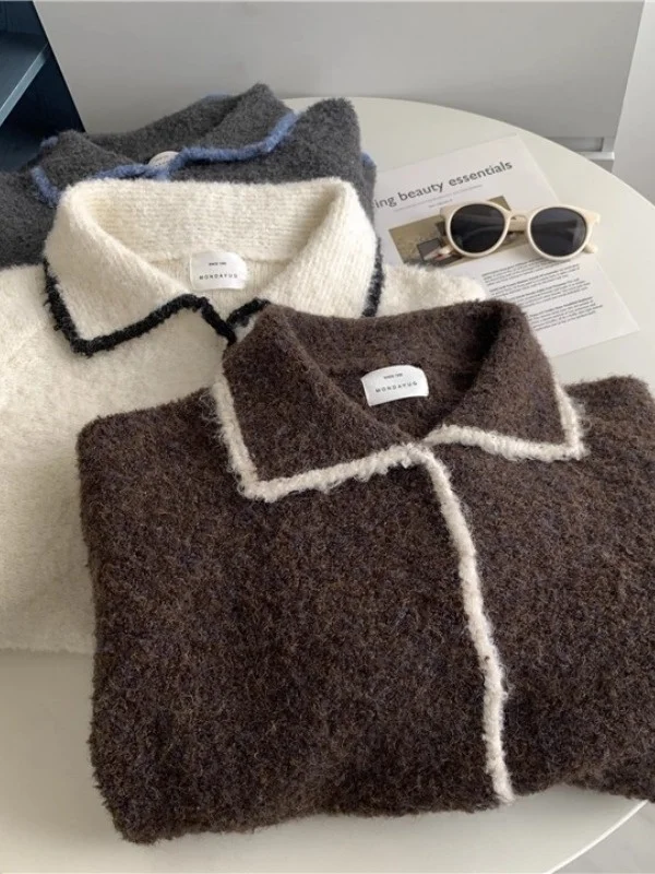 Korean Sle Women's Knitted Cardigan Sweater Soft Cozy Lazy Sle Student Autumn Winter Flip Collar Open Front Warm Top