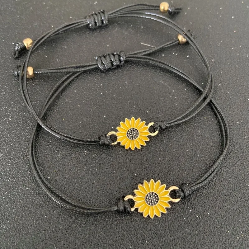 Fashion Sunflower Bracelets Handmade Braided with Black Oil Drip Rope Charm Friendship Wish Card Bangle Couple Alloy Jewelry