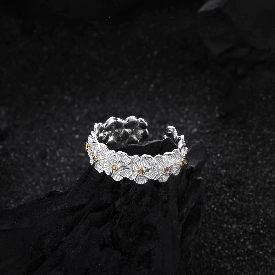 

925 Sterling Silver Flower Wide Adjustable Ring For Women TextureEthnic Sweet Zircon Fine Jewelry Accessories