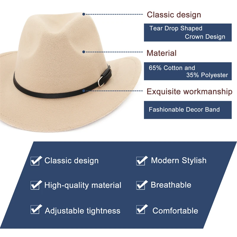 หมวกคาวบอยตะวันตกสําหรับผู้หญิงผู้ชายฤดูใบไม้ร่วงฤดูหนาวสุภาพสตรีกว้าง Brim Cowgirl หมวก Fedora