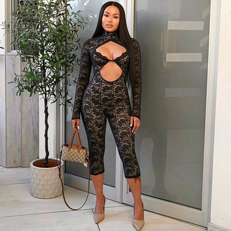 Sexy Hollow Out Lace Women's Jumpsuits and Rompers Long Sleeve Skinny Turtleneck Stretchy Party Club Overalls Birthday Outfits