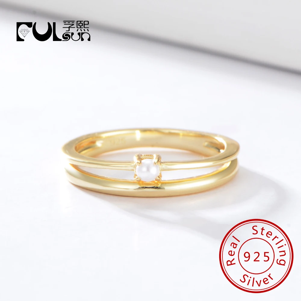 

925 sterling silver jewellery ring white Round non-perforated plastic beads 14k Gold Plated fine Rings for Women jewelry